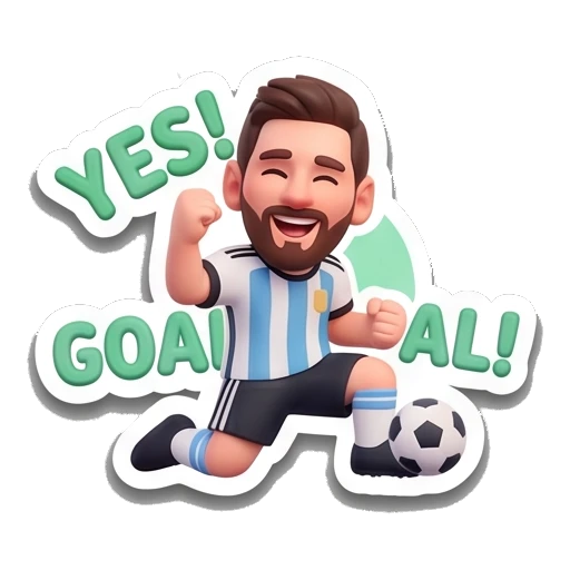 Messi character kneeling on field celebrating a goal, text 'YES! GOAL' Messimotes: Pure Emotion sticker for expressive chats and social replies.