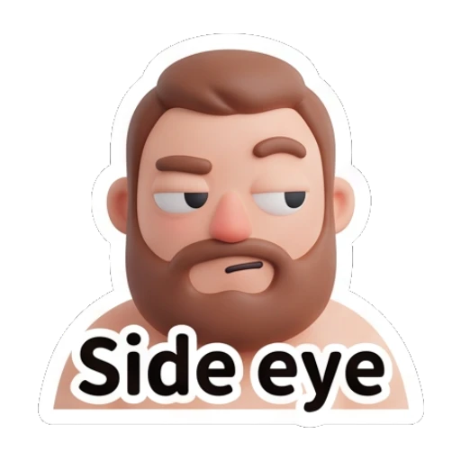 Bearded man giving a suspicious side eye glance. Bearded Buddy Expressions sticker for expressive chats and social replies.