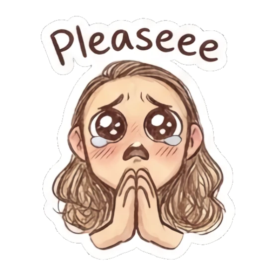 Man with pleading eyes and hands together, text 'Pleaseee' Cool Long-Haired Guy Vibes sticker for expressive chats and social replies.
