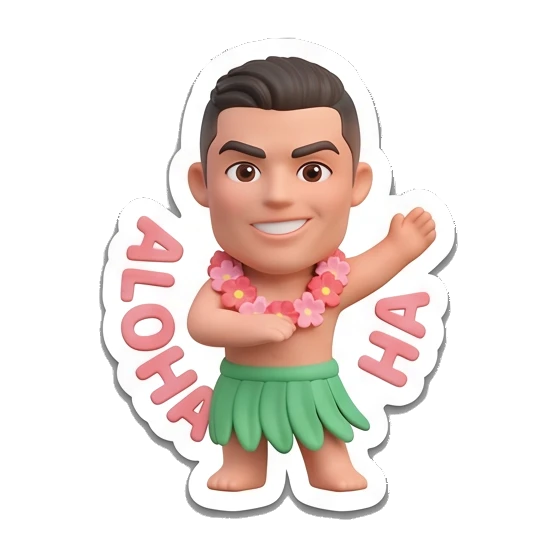 Boy wearing grass skirt dancing with ALOHA HA text Summer Vibes Boy sticker for expressive chats and social replies.