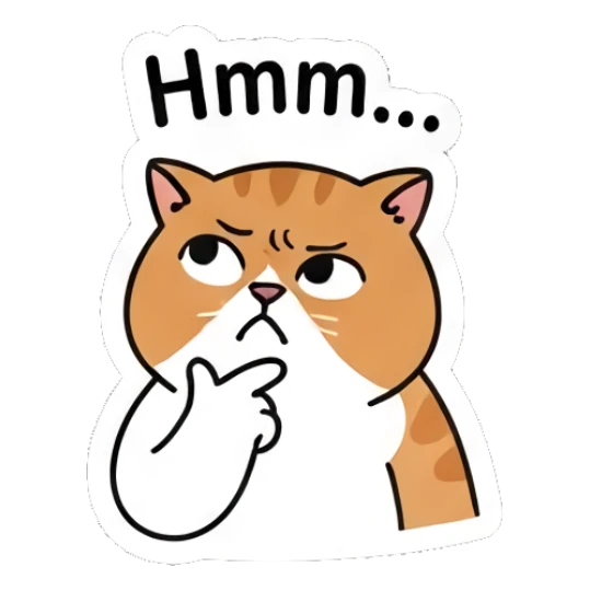 Pensive ginger cat touching chin with 'Hmm...' text. Ginger Cat Daily Vibes sticker for expressive chats and social replies.