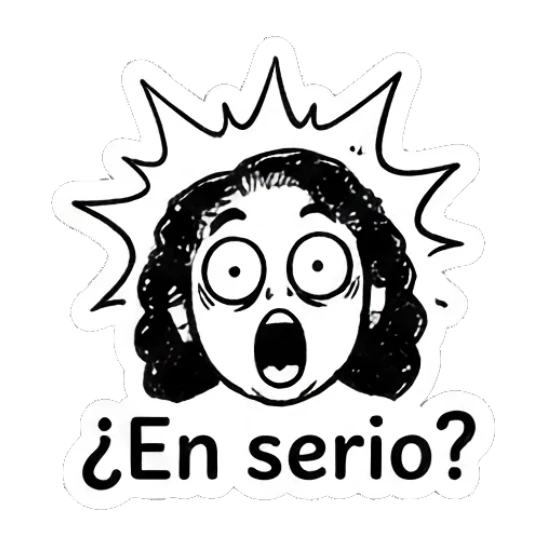 Surprised girl with wide eyes and 'En serio?' text Curly Hair Girl Daily Vibes sticker for expressive chats and social replies.
