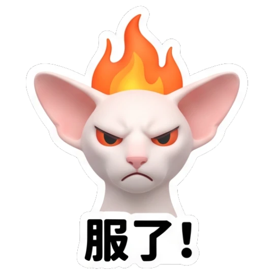 Angry Sphynx cat with fire on head and '服了!' text Sphynx Cat Daily Vibes sticker for expressive chats and social replies.