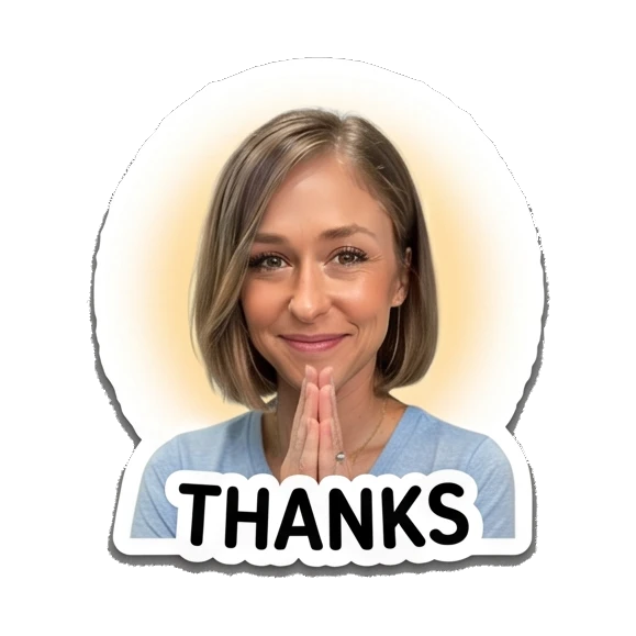 Woman with hands together in gratitude with Thanks text Daily Life of a Modern Woman sticker for expressive chats and social replies.