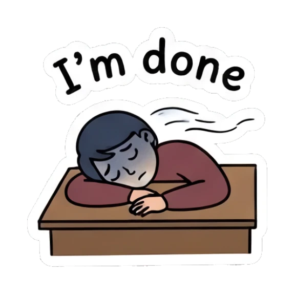 Exhausted boy resting head on desk saying I'm done Daily Doodle Boy sticker for expressive chats and social replies.