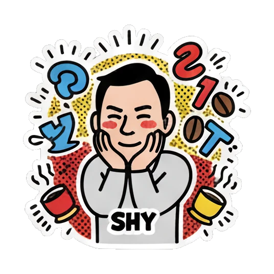 Man blushing and shy, text SHY Cheerful Office Guy sticker for expressive chats and social replies.
