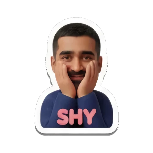 Bearded man looking shy with hands on cheeks with text SHY Cheerful Bearded Professional sticker for expressive chats and social replies.