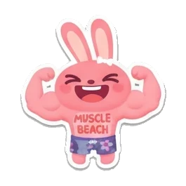 Pink bunny flexing muscles, Muscle Beach text. Pink Bunny Beach Day sticker for expressive chats and social replies.