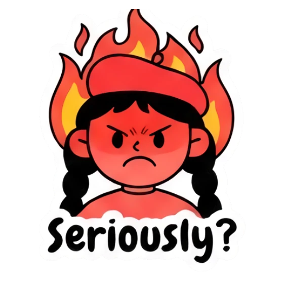 Girl with head on fire, angry expression, Seriously text Beret Girl Daily Vibes sticker for expressive chats and social replies.