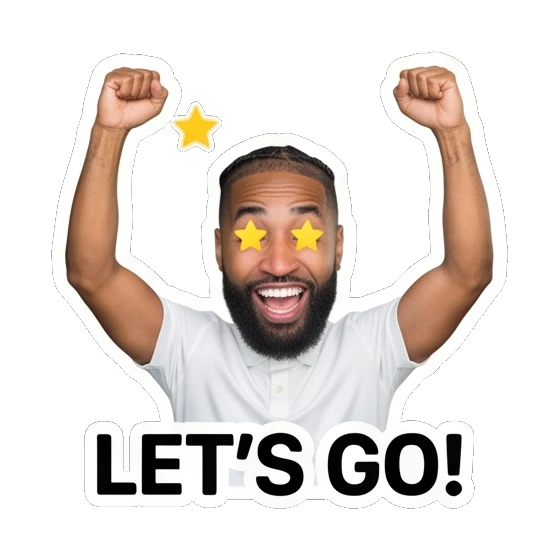 Bearded man cheering with arms raised and stars Daily Vibes with Marcus sticker for expressive chats and social replies.