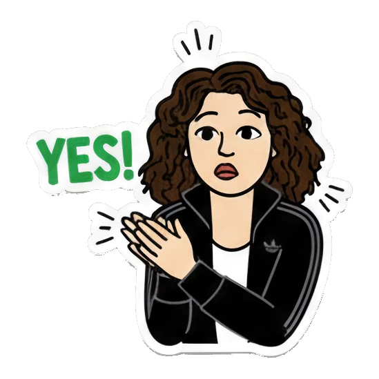 Curly-haired girl clapping hands with text YES Curly Hair Girl Daily Vibes sticker for expressive chats and social replies.