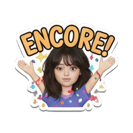 Girl waving hands, joyful, text 'ENCORE!' Music Festival Girl sticker for expressive chats and social replies.