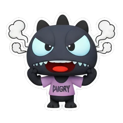 Black monster with steam from ears wears ANGRY shirt. Little Black Monster Moods sticker for expressive chats and social replies.