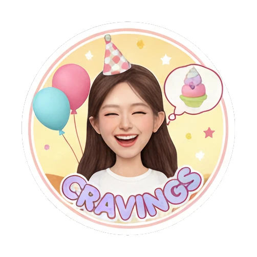 Girl with party hat and balloons, 'CRAVINGS' text, joyful. Sweet Girl Daily Life sticker for expressive chats and social replies.