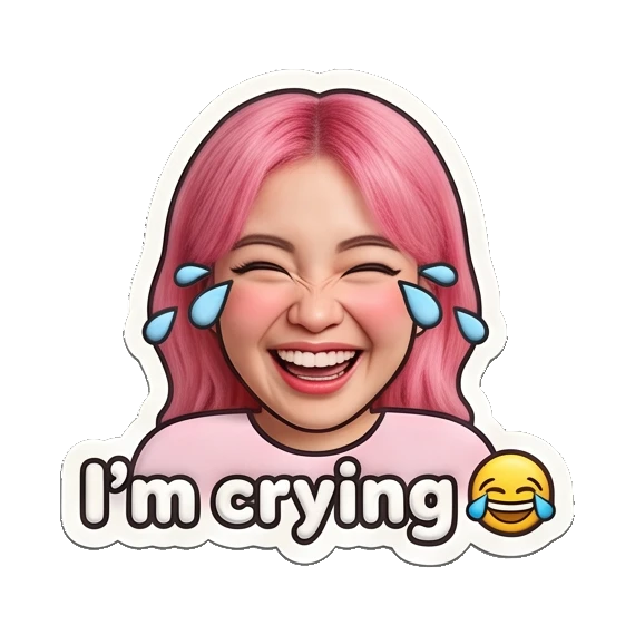 Happy girl laughing with tears of joy streaming down. Pink Hair Girl Daily Vibes sticker for expressive chats and social replies.