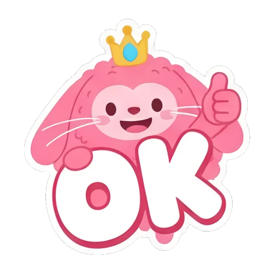 Pink bunny wearing a crown, giving a thumbs up with 'OK' text. Pink Fluffy Bunny Emotions sticker for expressive chats and social replies.