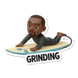 Surfer man lying prone on board, text GRINDING Surfing Dude Vibes sticker for expressive chats and social replies.