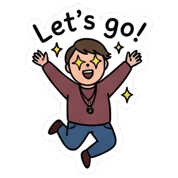 Excited boy jumping with joy saying Let's go Daily Doodle Boy sticker for expressive chats and social replies.