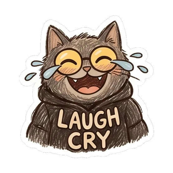 Cat laughing while crying tears of joy with text LAUGH CRY. Furry Doodle Cat Daily sticker for expressive chats and social replies.