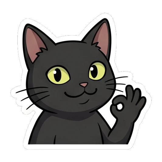 Black cat making an okay hand gesture with a confident smile. Little Black Cat Expressions sticker for expressive chats and social replies.