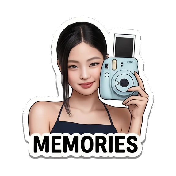 Young woman holding instant camera, smiling, text MEMORIES Jennie Birthday Party Vibes sticker for expressive chats and social replies.