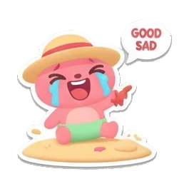 Pink bunny crying on sand, Good Sad text. Pink Bunny Beach Day sticker for expressive chats and social replies.