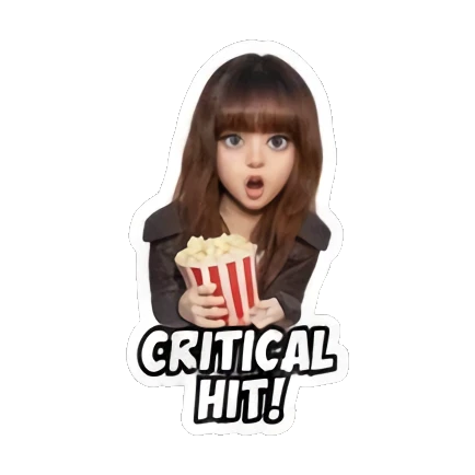 Gamer girl eating popcorn with 'CRITICAL HIT!' text, surprised expression. Gamer Girl Adventures sticker for expressive chats and social replies.
