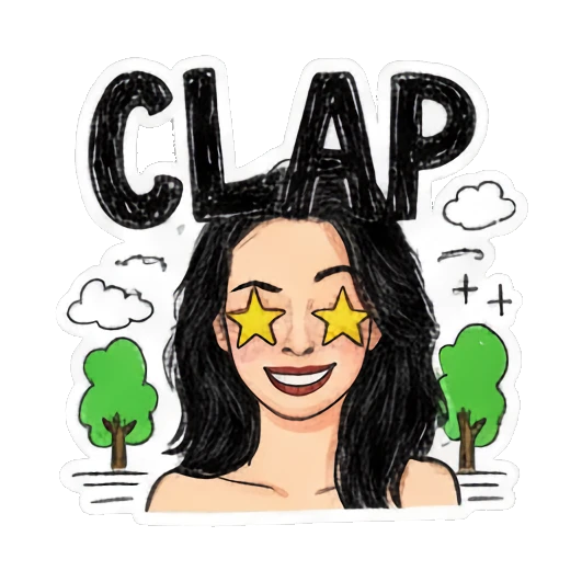Girl clapping with star eyes and tree background with text Clap Doodle Girl Daily Vibes sticker for expressive chats and social replies.