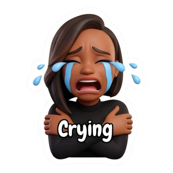 Woman crying loudly with arms crossed, text says Crying. Modern Chic Expressions sticker for expressive chats and social replies.
