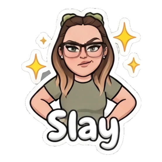 Girl with glasses posing confidently with sparkles, text Slay My Daily Moods sticker for expressive chats and social replies.