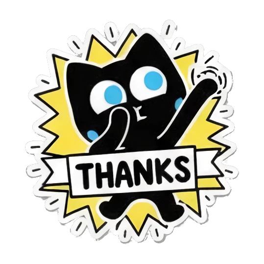 Black cat reaching up with THANKS text, energetic pose. Keith Haring Style Black Cat sticker for expressive chats and social replies.