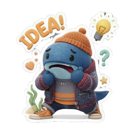 Blue whale thinking with a lightbulb, curious expression, text 'IDEA!' Ocean Buddy Adventures sticker for expressive chats and social replies.
