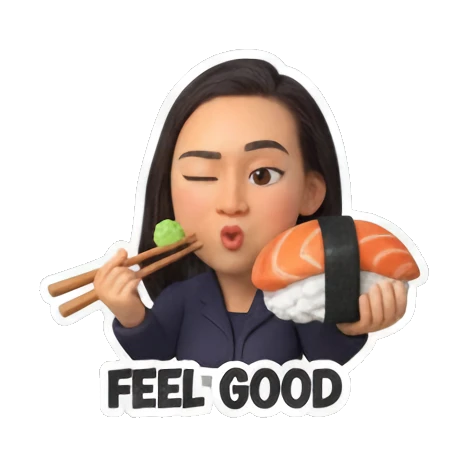 Girl winking while eating sushi with zesty text Sushi Lover Girl sticker for expressive chats and social replies.