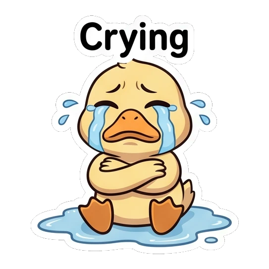 Crying duckling sitting in a puddle of tears Cheerful Little Duckling sticker for expressive chats and social replies.