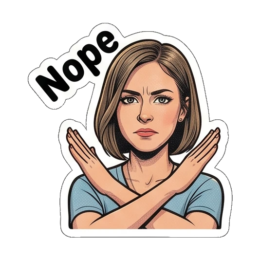 Woman crossing arms in rejection, text Nope Retro Comic Office Lady sticker for expressive chats and social replies.