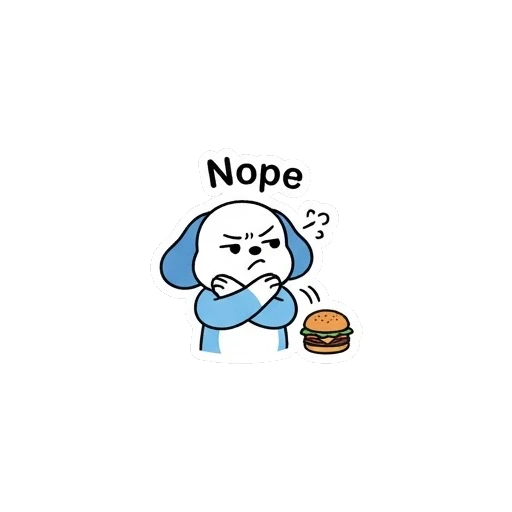 Annoyed puppy with crossed arms saying Nope Blue Puppy Burger Buddy sticker for expressive chats and social replies.