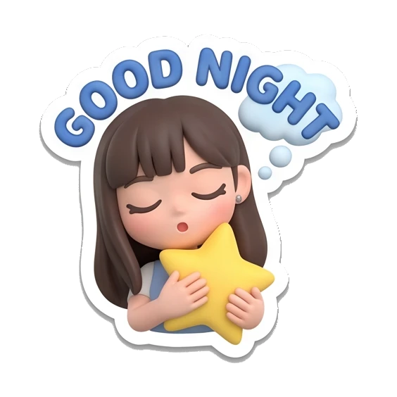 Girl sleeping while holding a yellow star with text GOOD NIGHT Cute Girl Daily Expressions sticker for expressive chats and social replies.