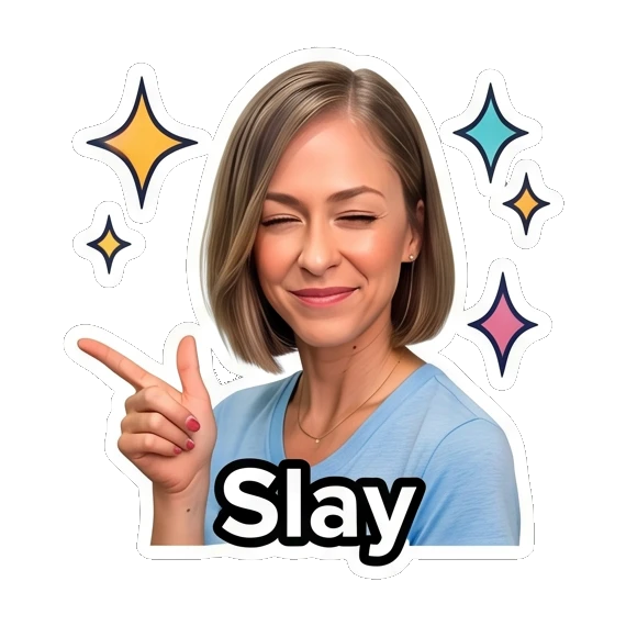 Woman winking and pointing, text 'Slay' Daily Life Expressions sticker for expressive chats and social replies.