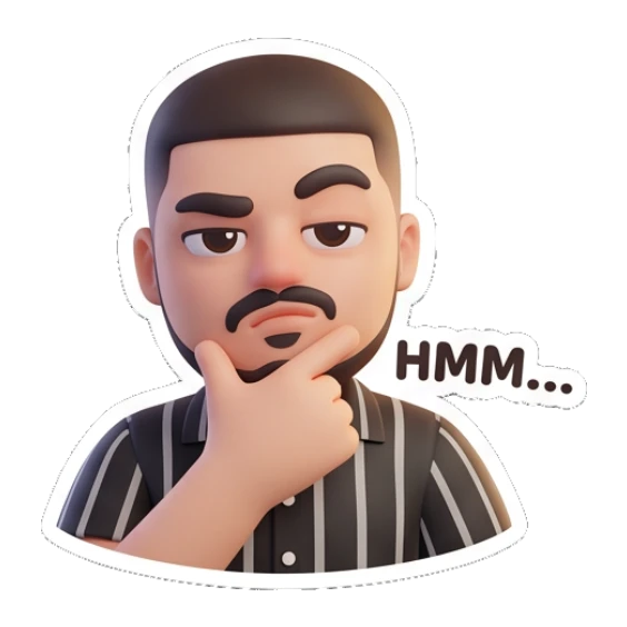 Bearded man thinking with hand on chin and 'HMM...' text. Modern Bearded Guy sticker for expressive chats and social replies.