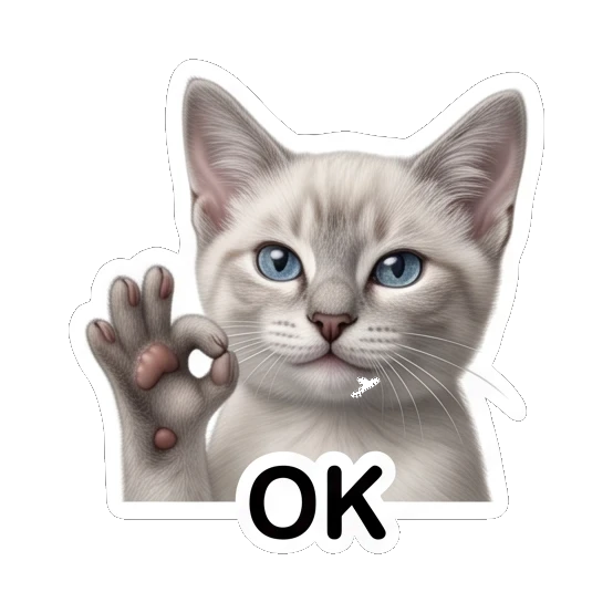 White cat making an OK hand gesture with text OK Little White Cat Daily sticker for expressive chats and social replies.