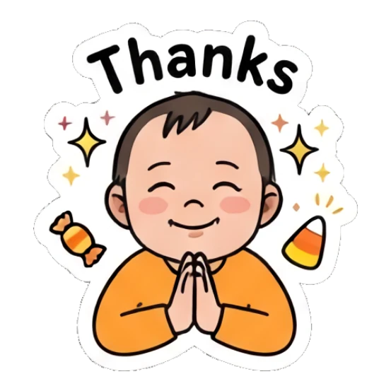 Baby with folded hands thanking, text 'Thanks' Little Spooky Moods sticker for expressive chats and social replies.