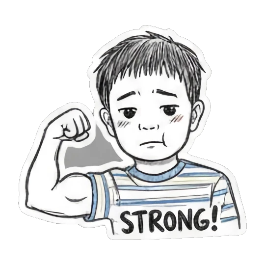 Boy flexing arm STRONG Doodle Boy's Moods sticker for expressive chats and social replies.