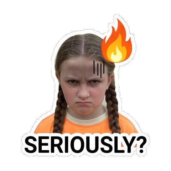 Girl looking angry with fire icon and Seriously text Daily Life of Two Sisters sticker for expressive chats and social replies.