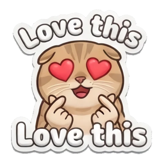 Loving tabby cat with heart eyes and 'Love this' text Puffy Tabby Cat Moods sticker for expressive chats and social replies.
