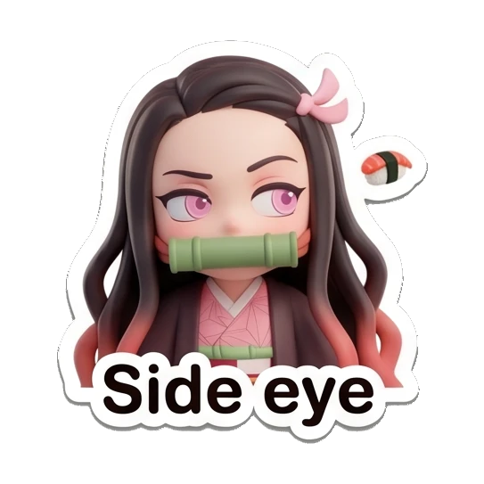 Nezuko giving a suspicious side-eye glance Nezuko Cute 3D Moments sticker for expressive chats and social replies.