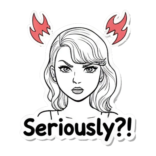 Girl looking seriously angry with fire effects Expressive Line Art Girl sticker for expressive chats and social replies.