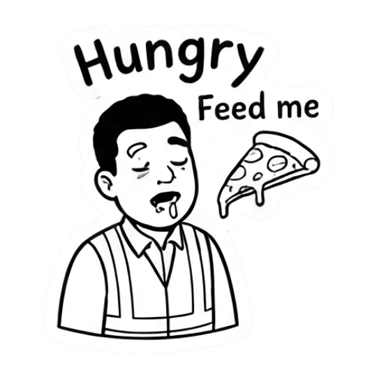 Man in safety vest drooling while looking at pizza slice Working Guy Daily Vibes sticker for expressive chats and social replies.
