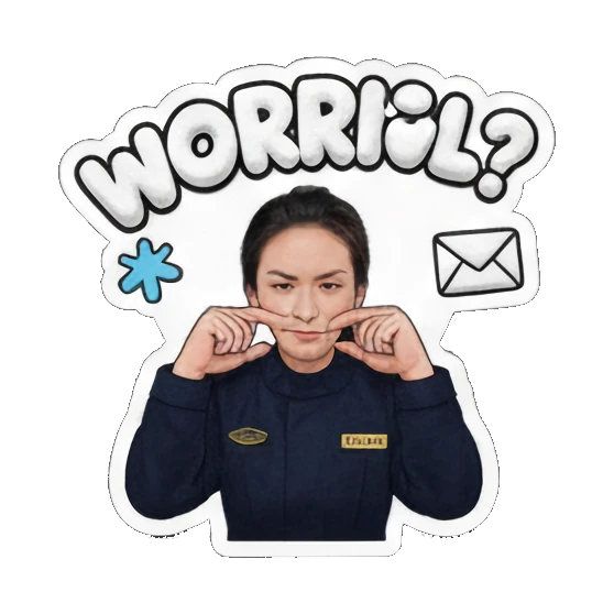 Female officer worried, pulling cheeks, asking "WORRIED?". Delivery Dispatcher's Diary sticker for expressive chats and social replies.