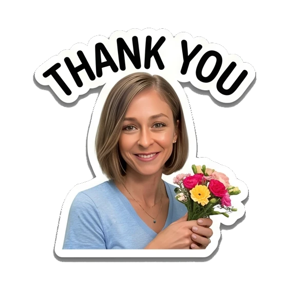 Woman smiling gently holding a bouquet, text THANK YOU Everyday Expressions of Sarah sticker for expressive chats and social replies.