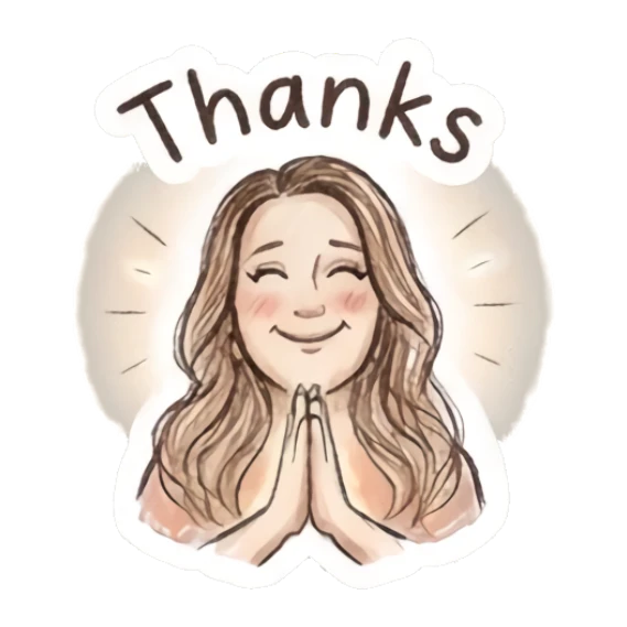 Girl with hands in prayer, thankful expression, text Thanks Charming Doodle Girl Expressions sticker for expressive chats and social replies.